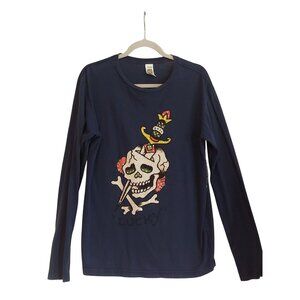 Ed Hardy By Christian Audigier Lucky Skull Y2K Navy Log Sleeve T-Shirt Tattoo L